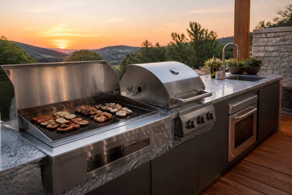 Vue rapprochée d'une plancha et d'un barbecue encastrés dans un plan de travail en pierre naturelle sur une terrasse en bois, avec un évier extérieur en inox et des ustensiles posés à proximité, en fin de journée avec une lumière chaude