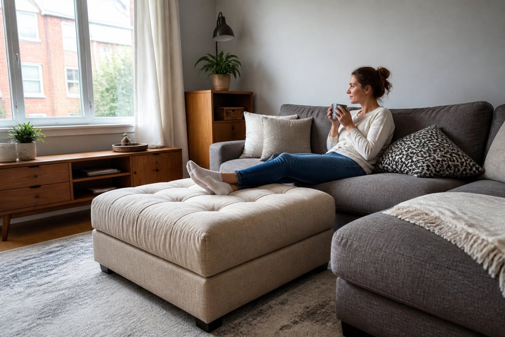 Un petit salon montréalais aux murs gris pâle avec un pouf capitonné beige placé devant un canapé gris, une personne assise confortablement avec les pieds sur le pouf, lumière naturelle entrant par une fenêtre