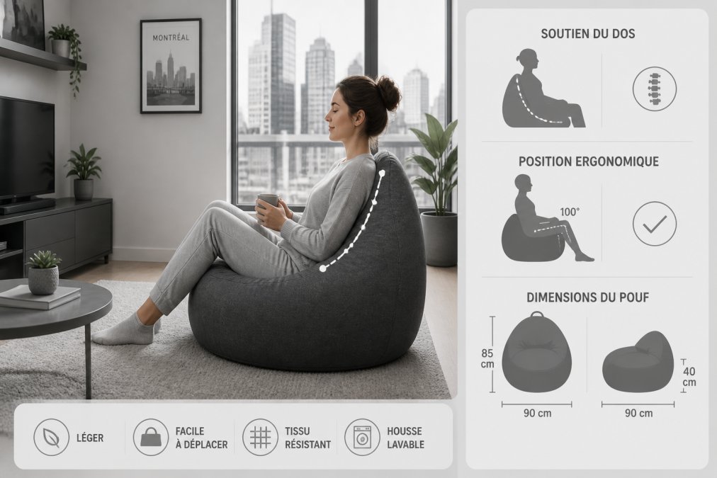 Gros plan d'une femme assise confortablement sur un pouf gris foncé, son dos soutenu, les pieds reposant naturellement, dans un petit salon montréalais avec lumière naturelle douce