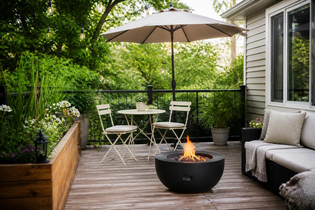 Terrasse bien aménagée avec ensemble bistro blanc crème, parasol café, jardinières surélevées en bois et petit foyer, montrant un coin détente élégant et fonctionnel sous la lumière du jour