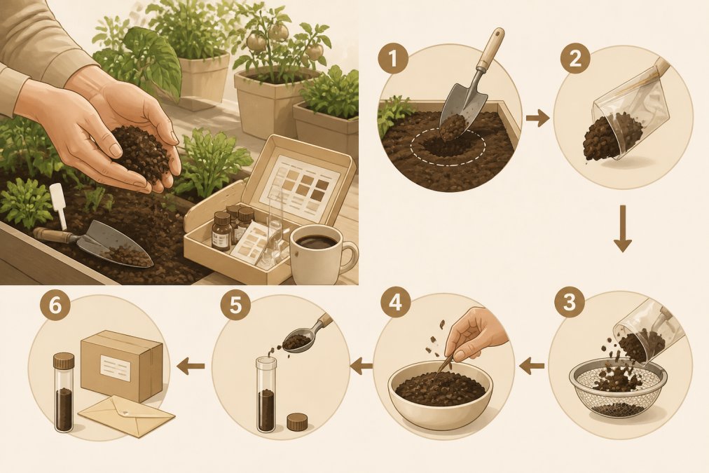 Gardener's hands holding a soil sample in a garden bed with a soil testing kit nearby, showing the practical process of collecting and preparing soil for analysis