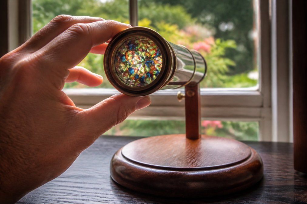 Hand holding a brass kaleidoscope near a window, a unique craftsman alternative for art lovers.