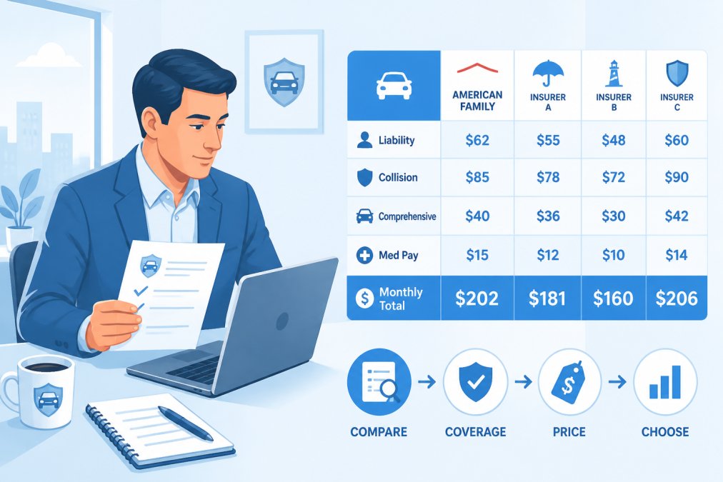 Professional insurance agent reviewing policy documents and comparing quotes on laptop at modern office desk with coffee and notepad nearby, natural window lighting