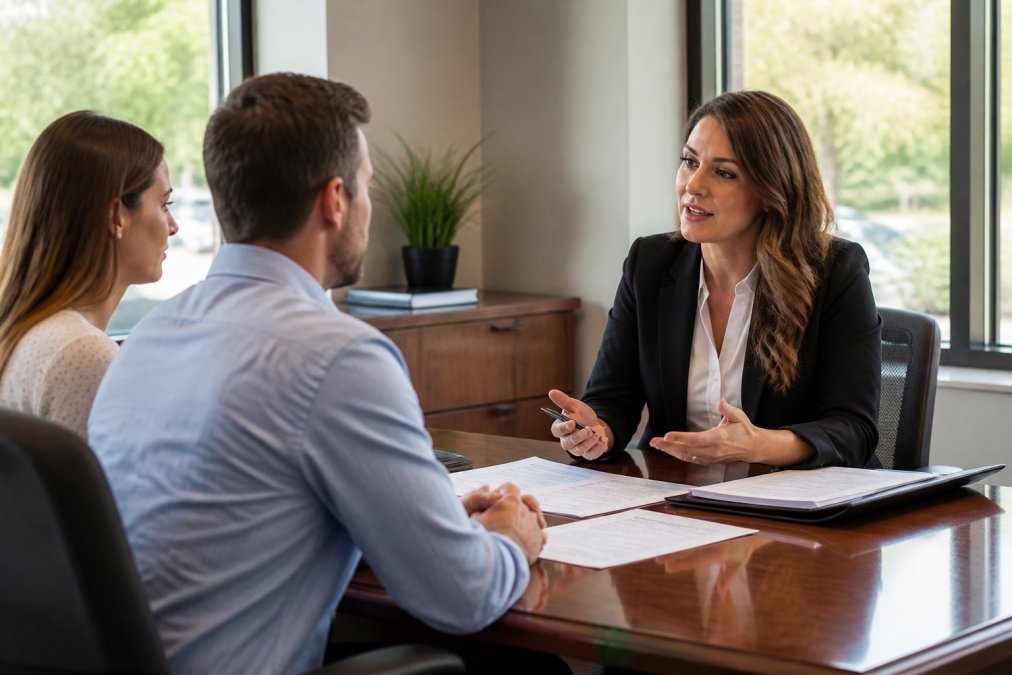 Insurance professional in modern office discussing policy options with customer at desk with laptop and documents, professional lighting and neutral background
