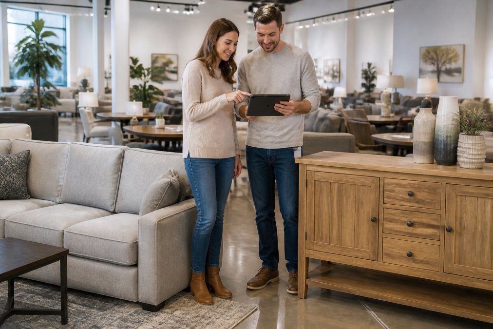 A couple comparing a light gray sectional sofa and a wooden sideboard in a bright showroom, holding a tablet with pricing information