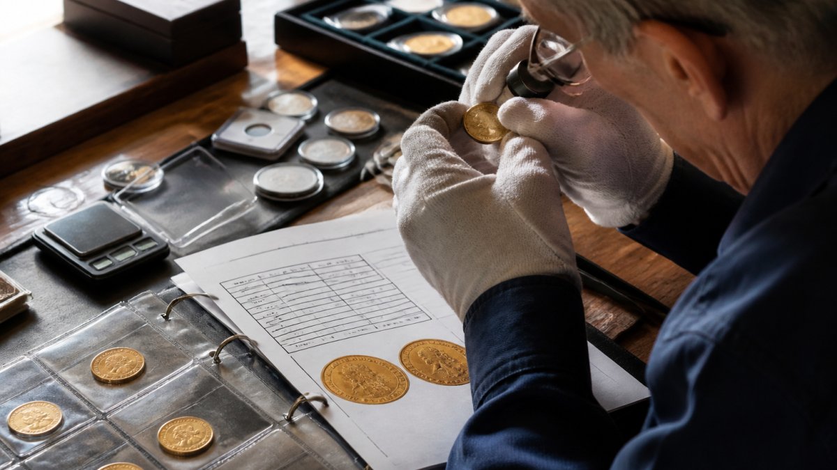 Professional numismatist examining gold coin under magnifying glass with precision scale and grading documentation visible on workspace
