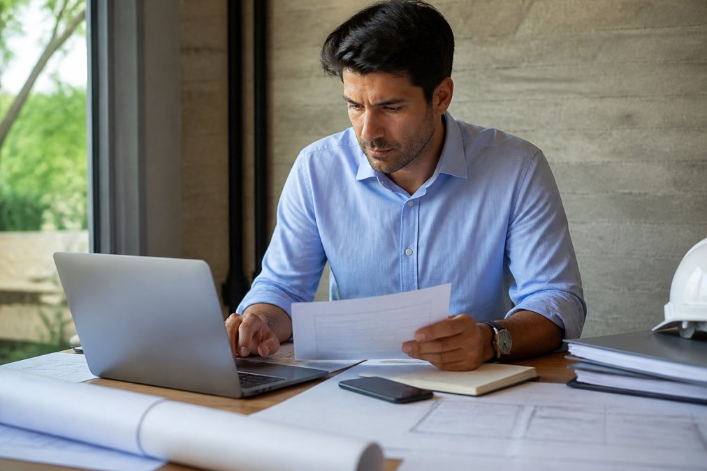 Real estate investor reviewing loan documents and checking email on laptop while sitting at desk with construction blueprints and architectural plans nearby, natural office lighting