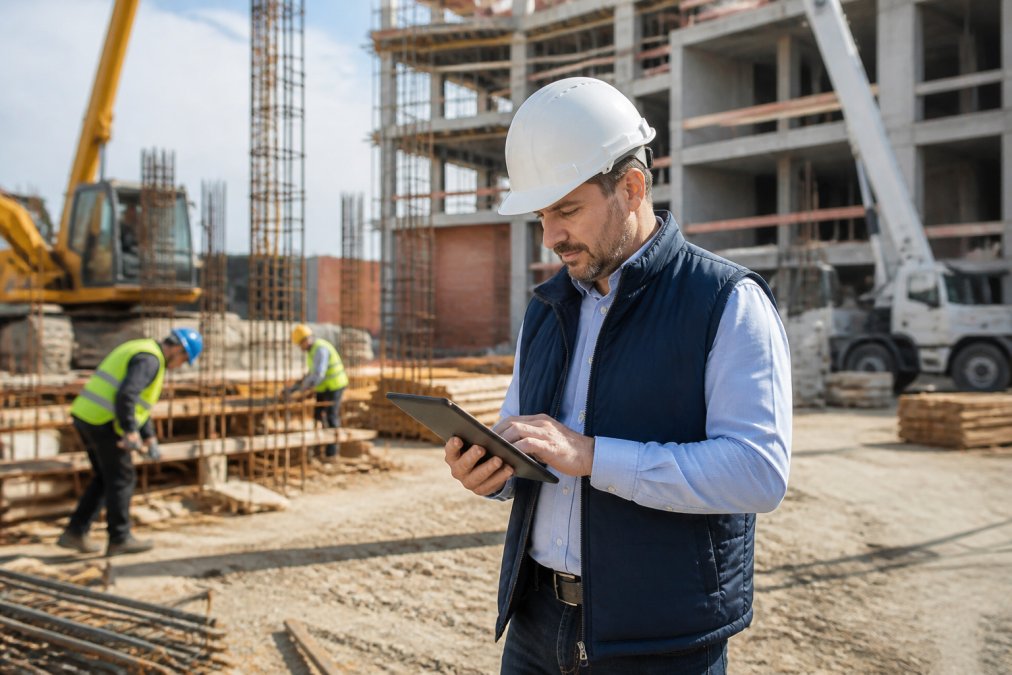 Professional real estate developer in hard hat on active construction site reviewing project plans on tablet, workers and construction equipment visible in background, natural daylight