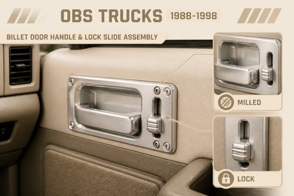 Close-up of polished billet aluminum door handle and lock slide assembly installed inside a classic OBS Chevy truck cab, showing the machined finish and precise hardware detail against the original interior door panel under warm garage lighting