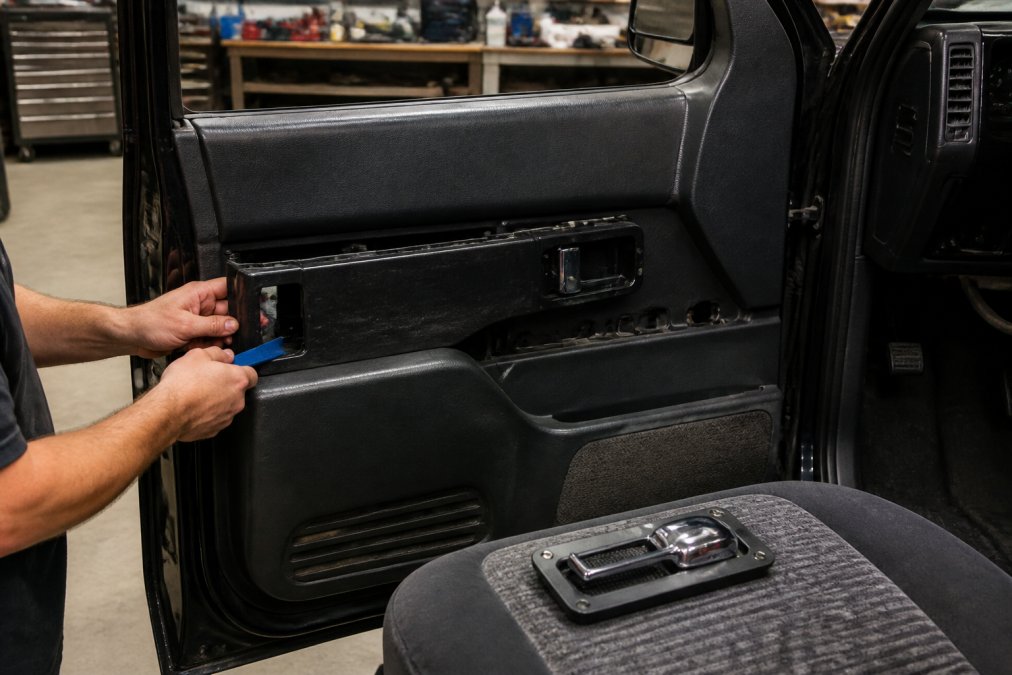 A pair of hands using a panel pop tool to remove an OBS Chevy truck interior door panel, with the door partially disassembled and a billet aluminum handle assembly resting on the seat nearby, under bright garage fluorescent lighting