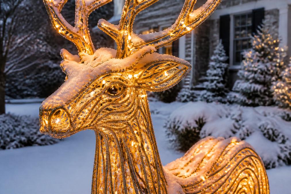 Powder-coated reindeer light sculpture glowing in a snowy yard as durable Christmas yard decorations at dusk.