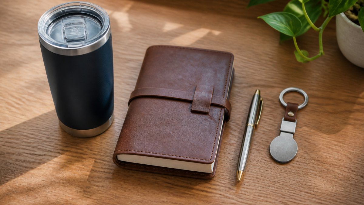 Personalized leather journal, engraved pen, and custom tumbler arranged on a wooden desk with warm lighting