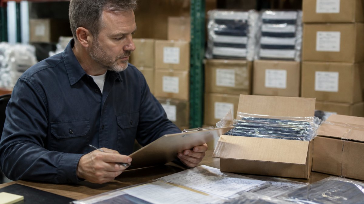 A procurement manager in a warehouse office examining product packaging and documentation on a clipboard, with stacked boxes of individually wrapped face masks visible in the background