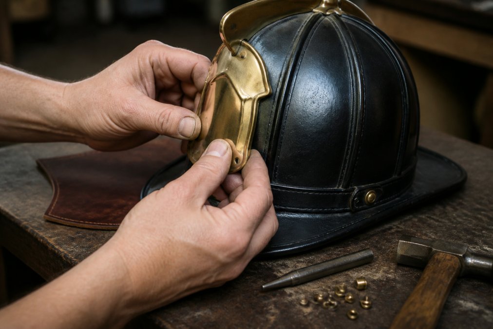 Close-up of a firefighter's hands attaching a polished brass front holder to a well-worn leather fire helmet on a wooden workbench, with leather tools and rivets visible nearby in a workshop setting
