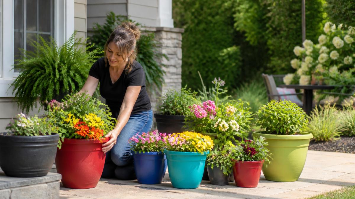 Homeowner arranging colorful American-made planters on a sunny patio with blooming flowers and finished garden aesthetic showing landscaping design