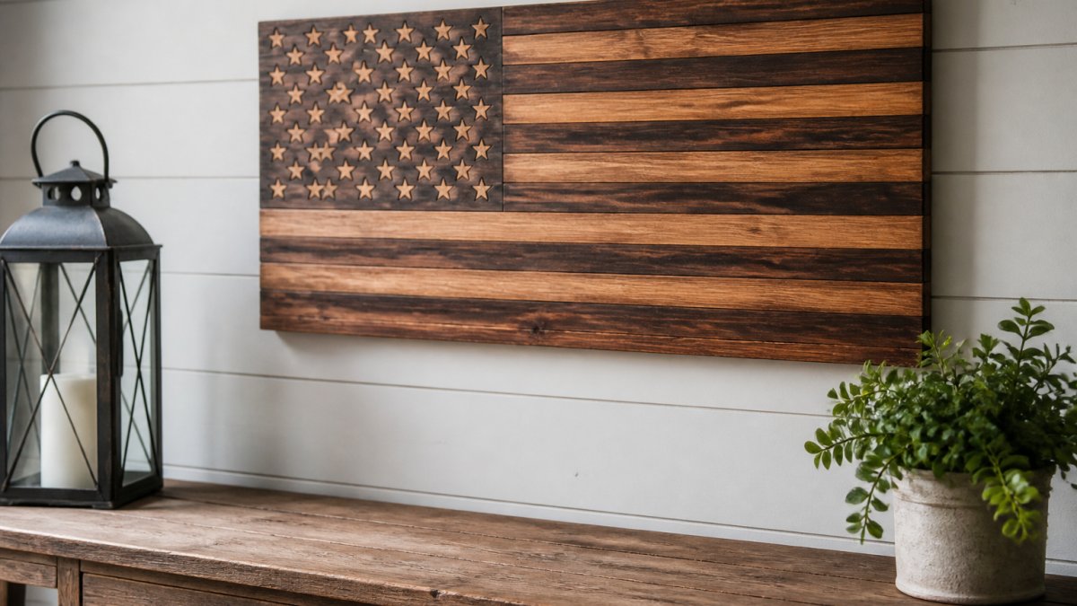 A rustic walnut wooden American flag with visible wood grain hanging on a shiplap wall above a farmhouse console table styled with a lantern and small potted plant