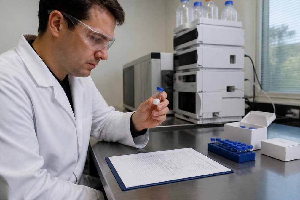 A researcher in a lab coat and safety glasses examining a lyophilized peptide vial next to a printed certificate of analysis on a stainless steel lab bench, with an HPLC instrument visible in the background