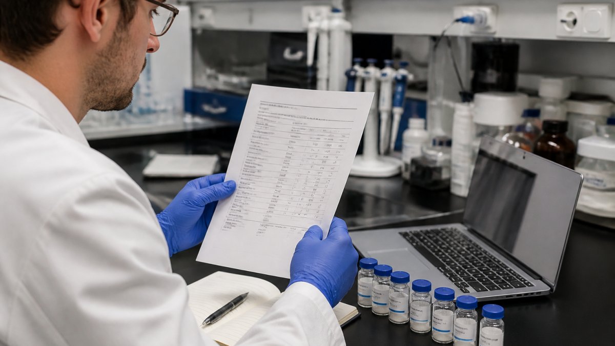 Researcher reviewing a certificate of analysis during a peptides comparison in a laboratory setting