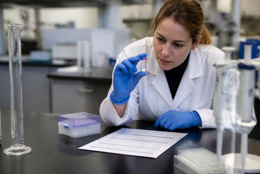 Scientist reviewing a certificate of analysis for American Peptides vs Peptides Source in a laboratory setting