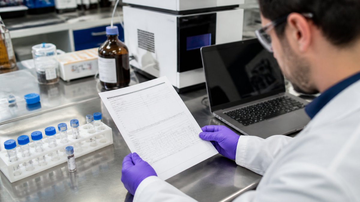 A researcher in a white lab coat examining a printed certificate of analysis beside a vial rack on a stainless steel laboratory bench, with a laptop showing analytical data in the background
