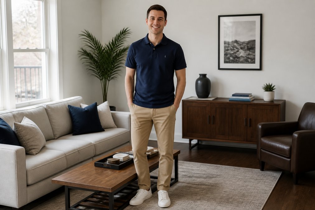 A young man wearing a navy polo shirt with khaki chinos and white sneakers, standing in a bright, modern living room, smiling naturally