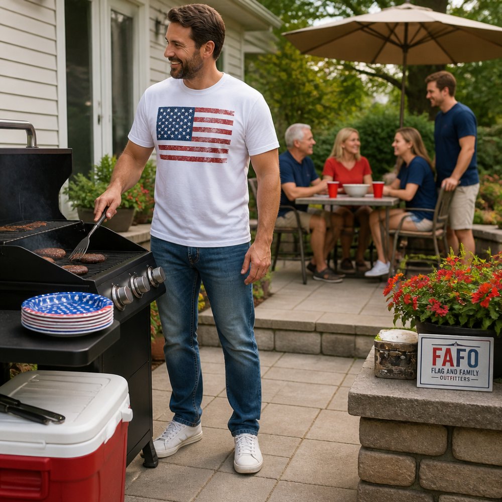 A man in a white flag graphic t-shirt and jeans standing on a backyard patio beside a grill, paper plates and a cooler nearby, family chatting in the background