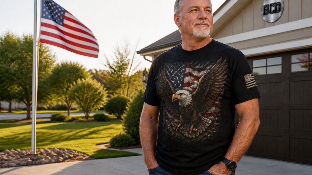 A man in his fifties wearing a black patriotic eagle graphic tee, standing in a driveway near a flagpole with an American flag, late afternoon sunlight, relaxed proud posture