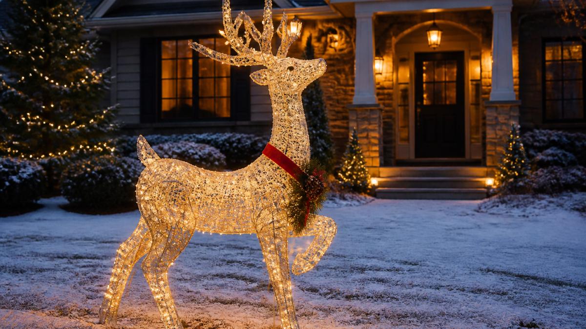 A front yard at dusk with an animated reindeer light sculpture glowing, light snow on the ground, a house with warm porch lights in the background