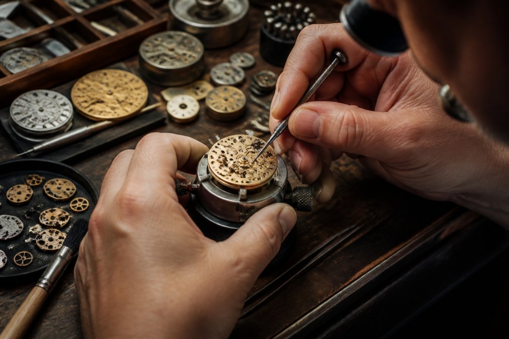 Close-up of a watchmaker's hands assembling a mechanical movement, showing precision tools, caliber components, and ornate dial decoration on a workbench with warm workshop lighting