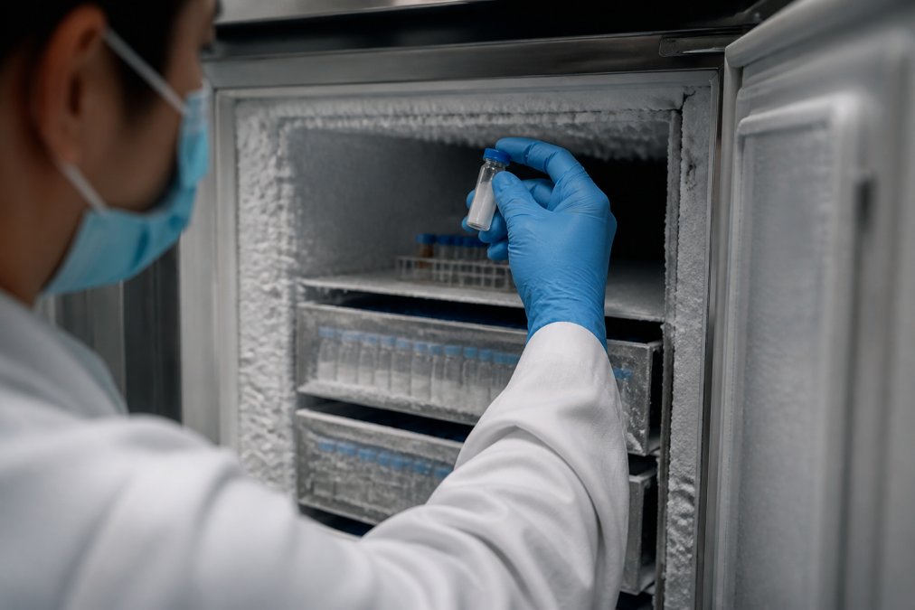 A gloved laboratory researcher removing a lyophilized peptide vial from a temperature-controlled storage freezer, with a digital temperature display visible in the background