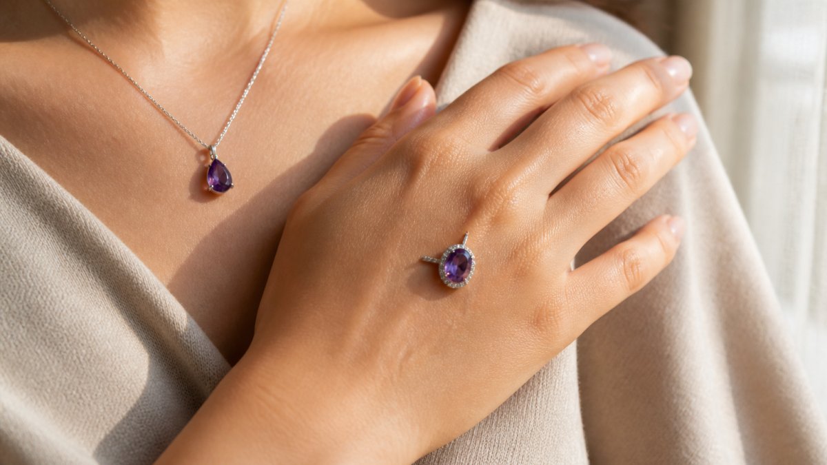 Woman wearing a delicate amethyst jewelry necklace and matching ring, illuminated by natural window light.