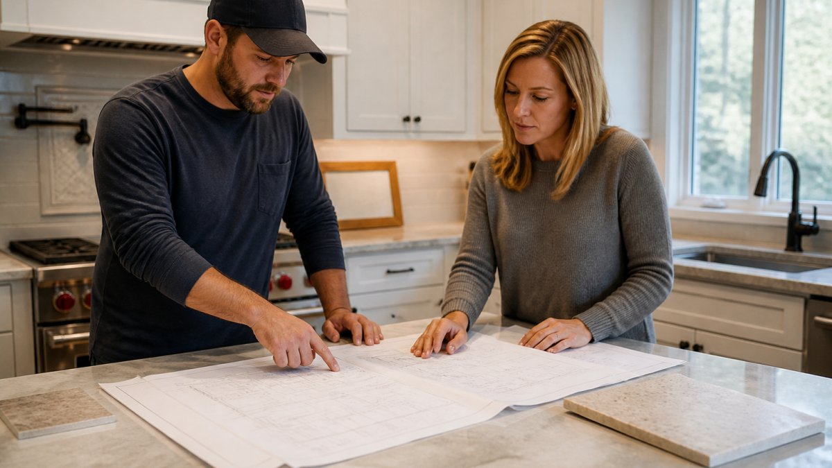Contractor reviewing renovation blueprints with a homeowner during an Amiano and Son vs Jazz Construction consultation
