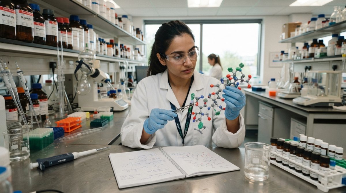 Scientist working at a laboratory bench with molecular models and a computer screen displaying peptide structures and AI-generated designs, with equipment for peptide synthesis visible in the background