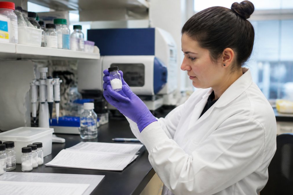 A laboratory researcher in a white coat examining a labeled vial of lyophilized powder under bright lab lighting, with HPLC testing equipment and printed COA documentation visible on the bench