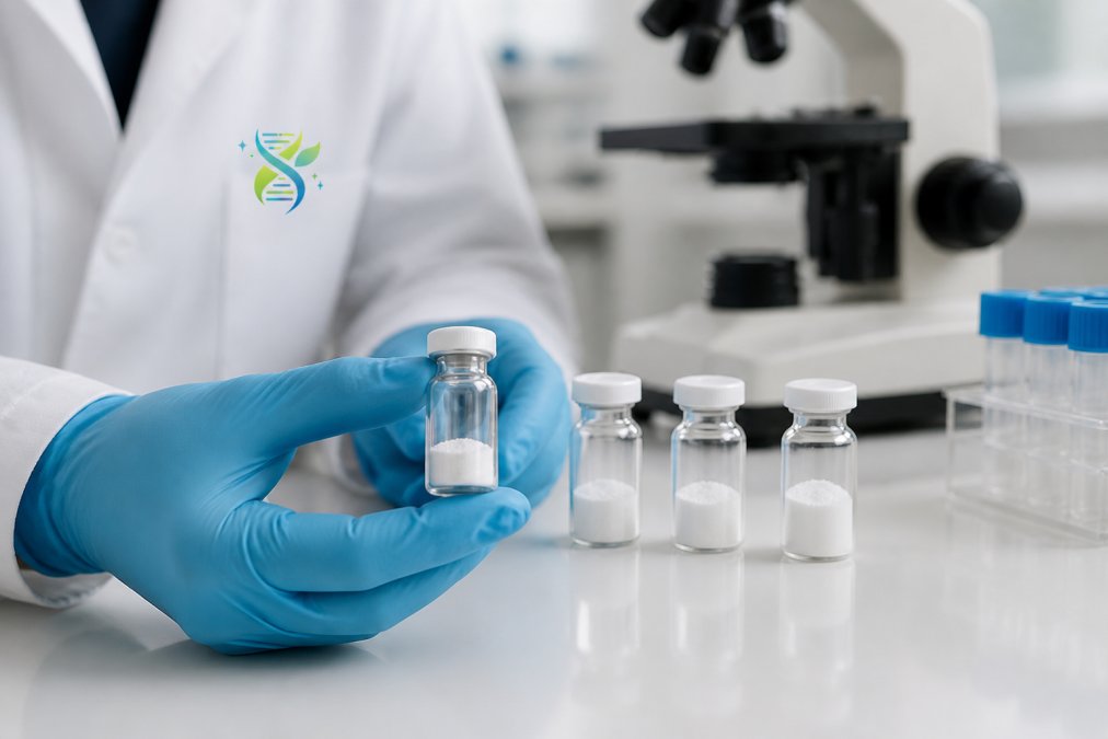 A close-up of a researcher's gloved hands holding a small glass vial of lyophilized peptide powder in a modern laboratory setting, with a microscope and lab equipment blurred in the background