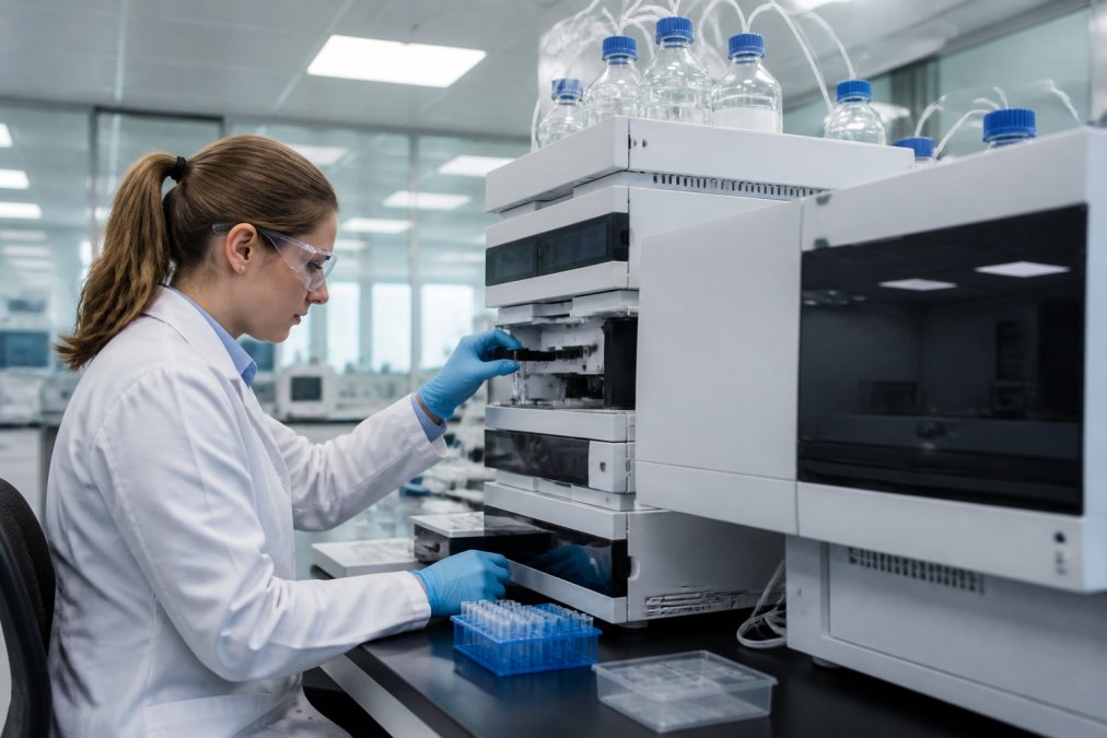 Professional illustration showing Laboratory, HPLC for aminovault vs corepeptides quality review
