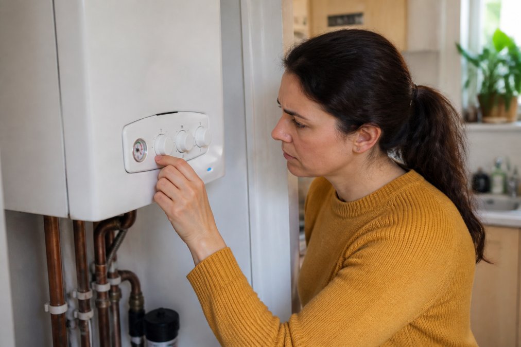 Homeowner in a residential kitchen examining their boiler control panel and checking the pressure gauge, looking concerned but methodically checking settings