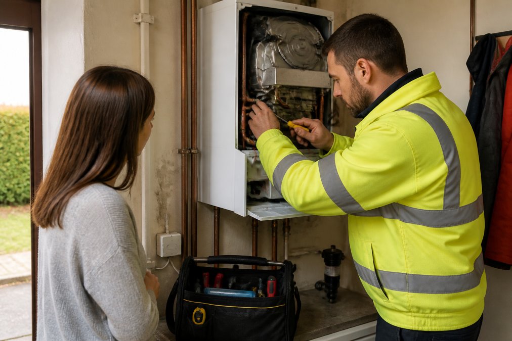 Gas Safe registered heating engineer in uniform and high-visibility jacket examining a boiler system in a residential utility room, with tools and diagnostic equipment visible