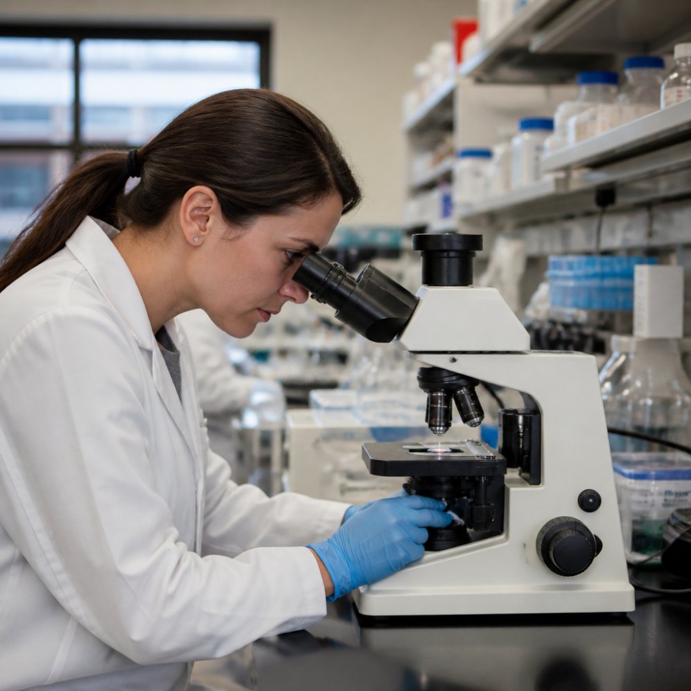 A researcher in a lab coat examining a cell culture flask under a microscope in a bright, modern laboratory setting
