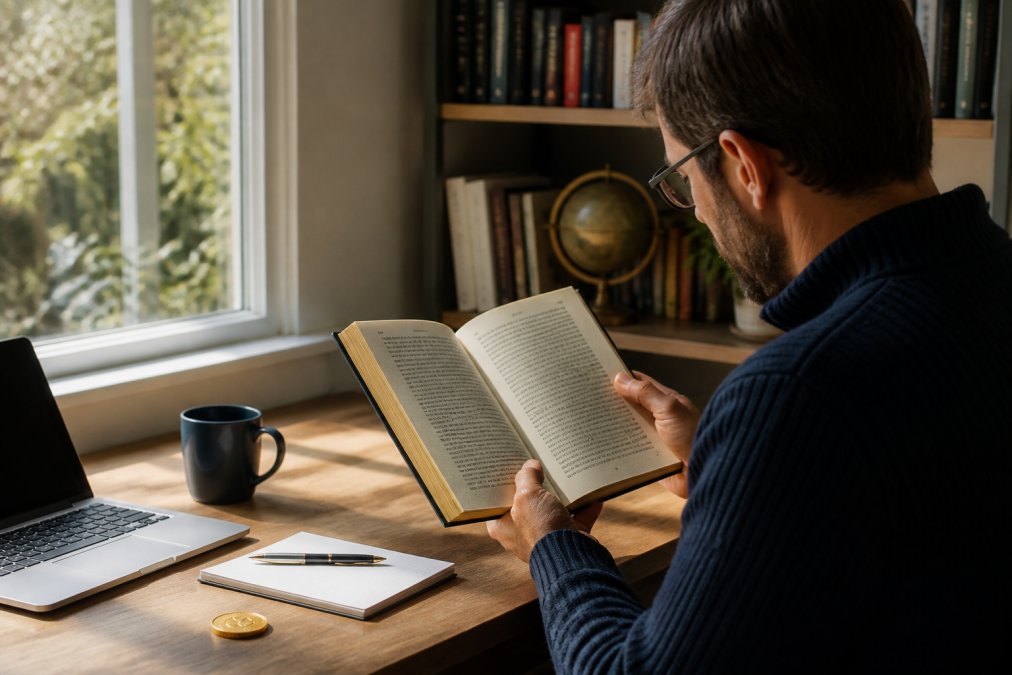 A person reading a hardcover book about gold investing at a wooden desk with a laptop and a small gold coin nearby, warm natural light from a window