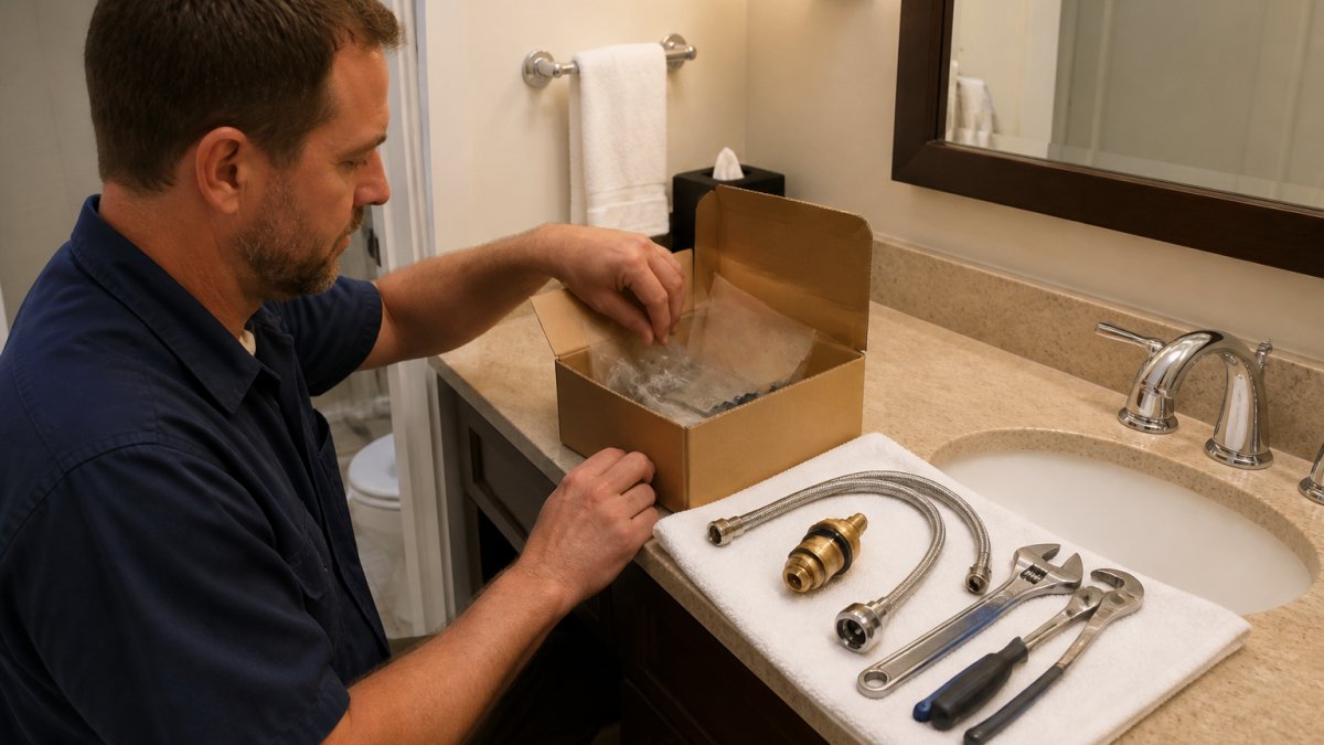 Maintenance technician organizing plumbing repair parts on a hotel bathroom vanity