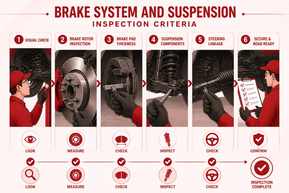 Professional mechanic's hands inspecting brake rotors and suspension components on a vehicle lift, showing the detail and precision of the inspection process