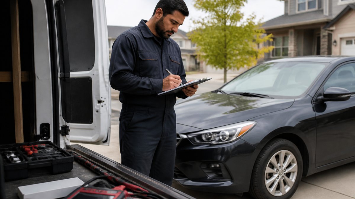 Journeyman mechanic reviewing an AMVIC inspection checklist beside a vehicle in a residential driveway