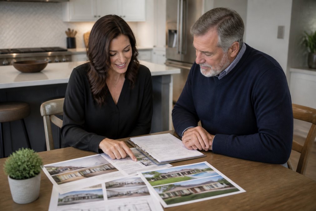 Professional real estate agent meeting with client at kitchen table reviewing property documents and discussing market options with warm natural lighting