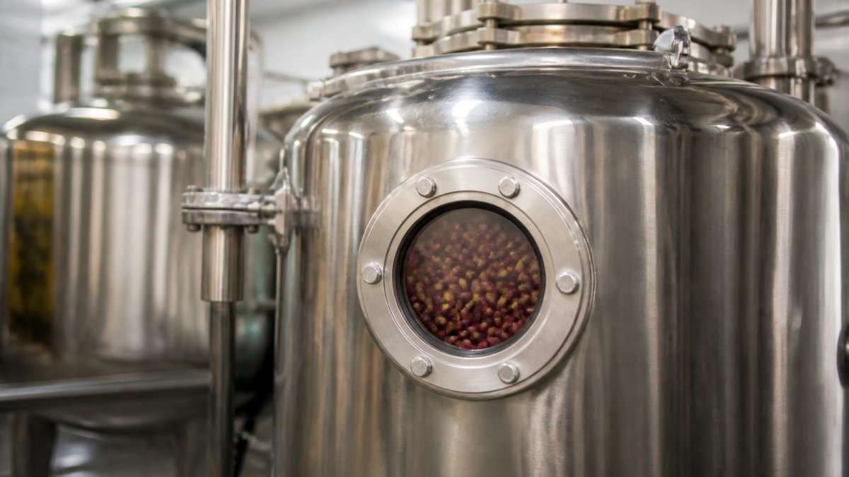 Close-up of sealed stainless steel fermentation tank with coffee cherries visible inside through a small viewing port, showing controlled oxygen-free environment in professional coffee processing facility with soft overhead lighting