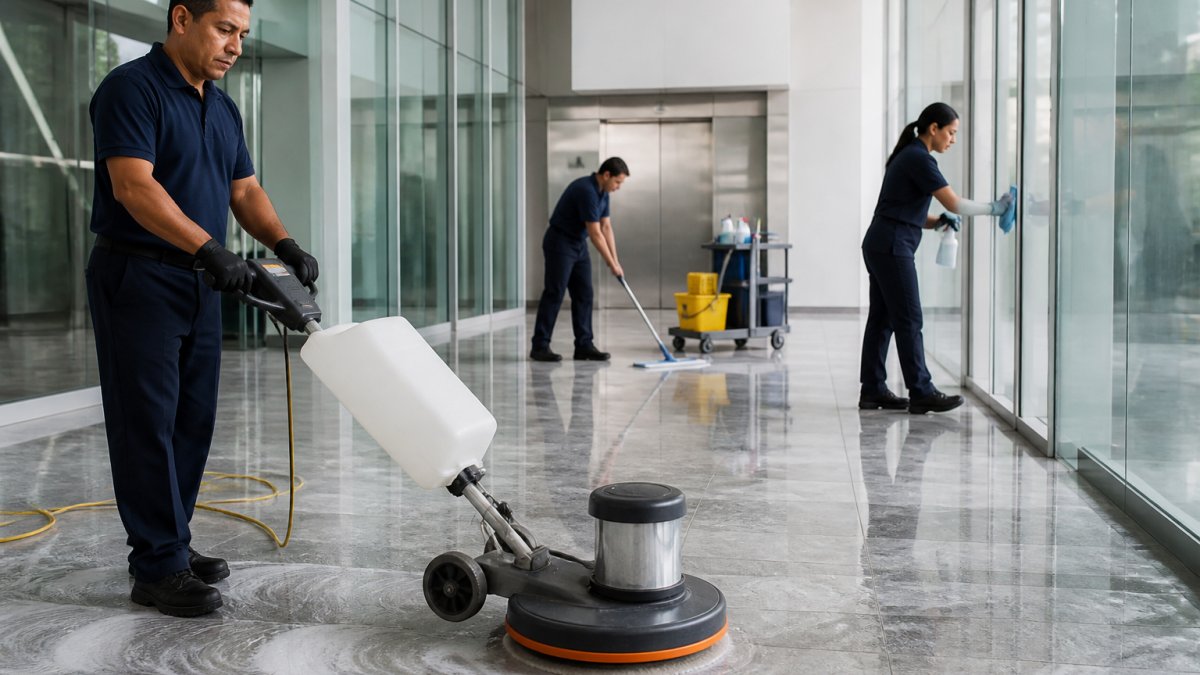 Professional cleaning team in uniform performing detailed floor buffing and sanitation in a bright commercial office space, demonstrating systematic protocols and attention to detail