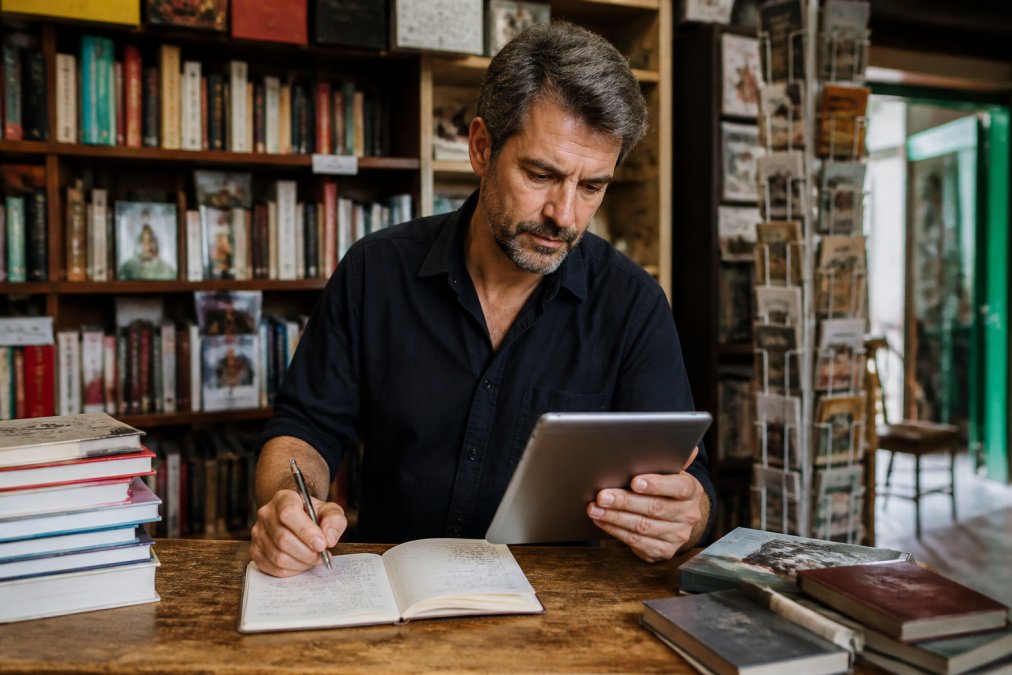 Libraio analizza i dati di vendita su un tablet per valutare i margini di profitto tra gli scaffali della libreria