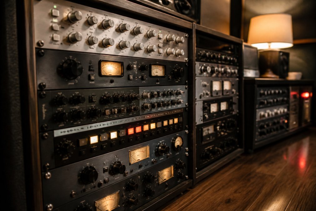 Professional analog mastering hardware in studio rack setup showing vintage compressors, EQ units, and metering equipment with warm studio lighting illuminating the signal chain