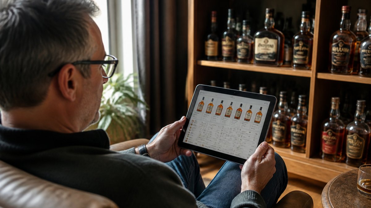 Collector in comfortable home setting reviewing bottles on wooden shelf while viewing collection data on tablet device displaying bottle information, tasting notes, and market values