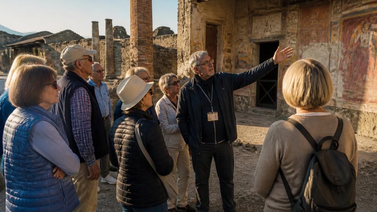 A historian guide shows ancient Pompeii frescoes to a group on our ancient history tours for seniors.